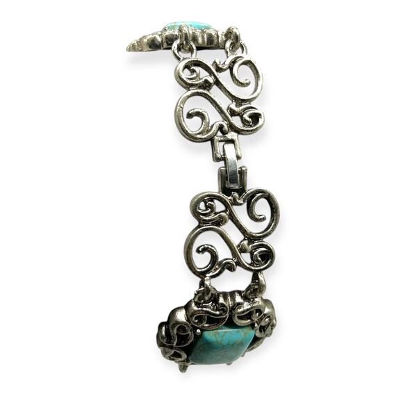 Balinese Silver Bracelet Turquoise Square Filigree Semi Precious Stone Howlite - Picture 10 of 13